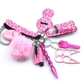 Detailed macro view of pink self-defense keychain kit featuring pepper spray and alarm - Pink Ribbon Pattern