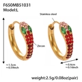 Detail of gold-plated U-shaped earrings featuring colorful zircon stones and dimensions - Gold/Red Zircon-L