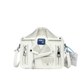 White punk biker jacket style crossbody bag with metal rivets and decorative zippers - White