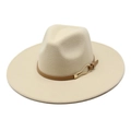 Classic wide brim wool felt fedora hat in cream with brown leather buckle band - M / Beige