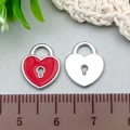 Red enamel heart lock charms with silver finish shown with size ruler measurement - 1Pc Red Heart Lock