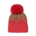 Gorro de punto de invierno con diseño de copos de nieve, bloque de color marrón y rojo y pompón - Rojo