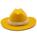 Detail of a bright yellow fedora hat featuring a decorative white faux pearl band - M (56-58cm) / Yellow