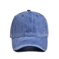 Detailed close-up of retro blue vintage washed cotton baseball cap with stitched brim - Sapphire Blue