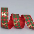 Weihnachtsband mit goldenem Rentierdruck auf rot-grünem Karo-Stoff für Geschenke - 2.5cm*100 Yards / Rotes Rentier
