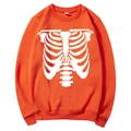 Orange fleece hoodie with white skeletal bone print and ribbed cuffs for men and women - S / Tops / Orange (White Skeleton Print)