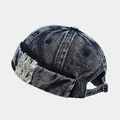Vintage donkerblauwe acid wash denim docker pet met verstelbare metalen riem en tweed patch - Verstelbaar / Donkerblauw Acid Wash/Tweed Patch