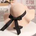 Beige wide brim straw hat with a black and white striped ribbon bow for summer beach - M (56-58cm) / Pink with Black Ribbon