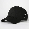 Classic black cotton baseball cap with white cross embroidery and curved brim for outdoor sun protection - One Size / Black
