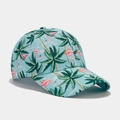 Detail of tropical print baseball cap with palm trees and pink flamingo motifs - Adjustable / Light Blue Tropical Flamingo (Color 5)