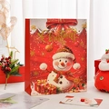 Rode kerstcadeautas van papier met sneeuwpopillustratie en rode gevlochten handvatten - S (18x8.5x24cm) / 1 stuk / Bronzen Grote Sneeuwpop