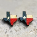Macro shot of Texas flag wooden stud earrings with a sparkling glitter finish on concrete - 10-Texas State Map