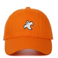 Close-up of a bright orange cotton baseball cap with a white ghost embroidery detail - Adjustable / Orange
