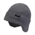 Grey ribbed knit earflap beanie featuring a thick winter fleece lining and SPORT label - Light Gray