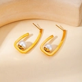 Golden matte U-shaped geometric stud earrings with elegant white pearl drop - Gold Geometric U-Shape Artificial Pearl Studs