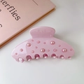 Pinza para el pelo de acetato rosa con elegantes adornos de perlas blancas - Estilo Perla