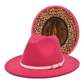 Pink wool fedora hat with leopard print brim interior and decorative metal buckle band - M (56-58cm) / Rose Red