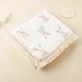 Detail of soft cotton baby blanket with bunny print and delicate tassel fringes - Watercolor Bunny Print / 80*65 cm