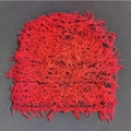 Red knit beanie featuring dense fringe long yarn texture and fluffy streetwear style - Black Base Red Line