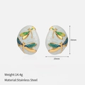 Detailed view of dragonfly oval earrings with enamel wings and size measurements - Gold & Green Dragonfly