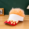 White novelty visor hat with orange wig hair and red flame embroidery detail - White + Orange Hair