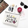Beige cotton linen makeup bag with Makeup IS MY ART print and gold crown graphic - Style E-Makeup IS MY ART