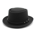 Classic black wool pork pie hat with leather rivet band and narrow brim on white background - M (56-58cm) / Black