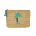 Beige woven straw clutch with blue palm tree embroidery and matching tassel zip puller - Small / Coconut Tree