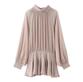 Elegant mauve chiffon mini dress with high neck, long sleeves and ruffled hem on white background - XS / Dusty Rose