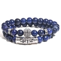 Deep blue tiger eye beaded bracelet set with silver micro-pave charms for men - Lapis Silver Color