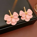 Detail of pink and gold ginkgo leaf flower earrings on black leather jewelry box - Pink (Silver Earring Post)