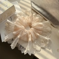 Elegant champagne silk scrunchie with white lace embroidery in a luxury gift setting - Champagne Gold With White Lace