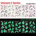 Luminous unicorn temporary tattoos for kids showing day colors and green night glow - Luminous Unicorn Series C