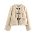 Detalle de chaqueta de pelo sintético blanco roto con hebillas de metal y cuero negro - XS / Blanco Roto