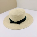 Retro beige straw boater hat with a black ribbon bow for summer sun protection - M (56-58cm) / With Bow / Beige