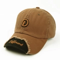 Detail of frayed edge vintage baseball cap with D embroidery and orange text - Brown Black Contrast (Khaki) / Khaki