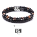 Detail showing personalized photo and name engraving on black magnetic clasp leather bracelet - Style 2 (Custom Photo)
