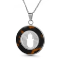 Brown resin round pendant necklace with silver Hamsa hand cutout on white background - Steel Color Hollow Hamsa Hand (KP81026-KC)
