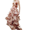 Boheemse maxi-jurk met roodbruin vlinderlijfje en gelaagde bloemenrok van chiffon - S / Abrikoos