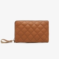 Cartera larga de cuero PU marrón con diseño acolchado de rombos y correa de mano - Tostado