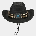 Detalle del sombrero de paja étnico con banda de cuentas turquesas y cordón ajustable - Talla única / Negro