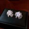 Silver firework stud earrings with sparkling zircons and white pearls in luxury style - 59# Silver Needle - Silver White
