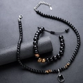 Tiger eye and black bead jewelry set with woven adjustable bracelet and pendant necklace - Necklace + Bracelet Jewelry Set