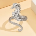 Ocean seahorse adjustable stainless steel open ring in polished silver finish - J03418 / Silver