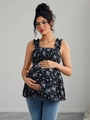 Top premaman a fiori con petto arricciato e spalline con volant in nero e viola - S / Nero