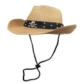 Western straw cowboy hat with skull leather band and adjustable chin strap for sun protection - M (56-58cm) / Khaki