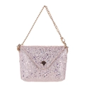Macro detail of pink glitter mini bag with gold chain strap and snap button closure - Off White