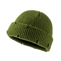 Distressed army green ribbed knit beanie hat for men and women with vintage torn finish - Army Green