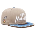 Beige flat brim snapback hat with Munchies embroidery and donut-style notched brim - Khaki Blue Donut Style