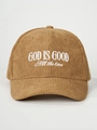 Détail de la broderie blanche GOD IS GOOD sur une casquette de baseball en velours - Kaki